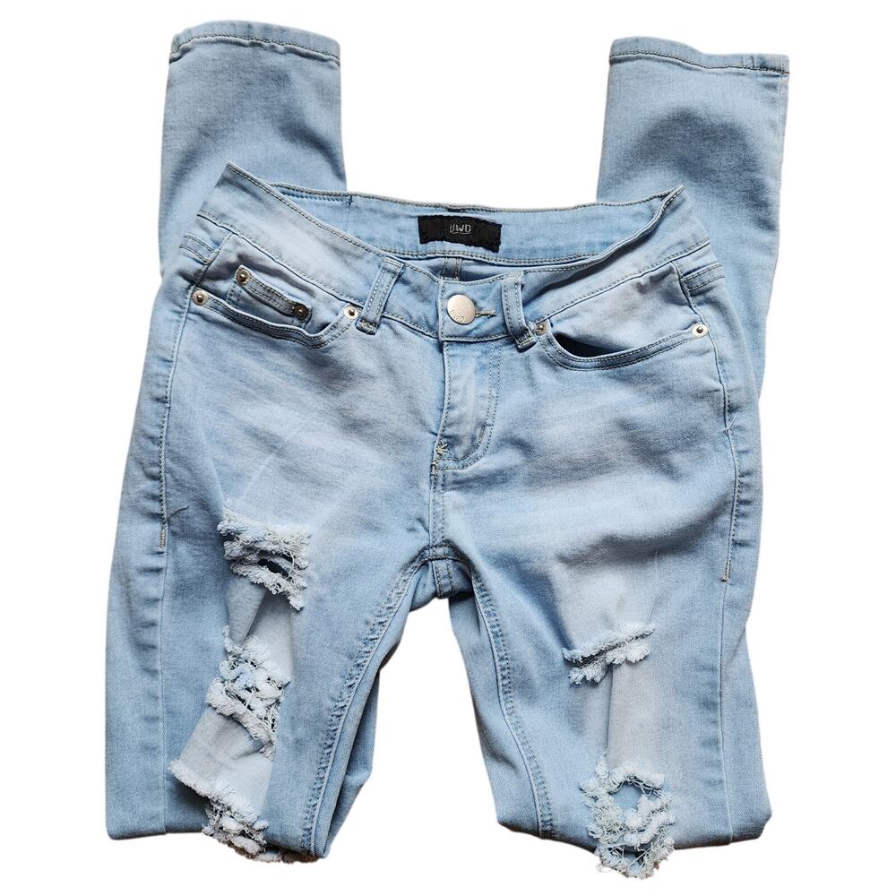 UWD Jeans Womens Juniors Size 1 Light Wash Distressed Slashed Skinny Low Rise